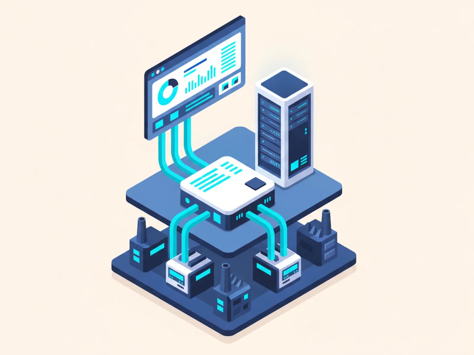 Isometric illustration of machines on a factory floor linked through a data layer to an ERP cabinet and a dashboard.