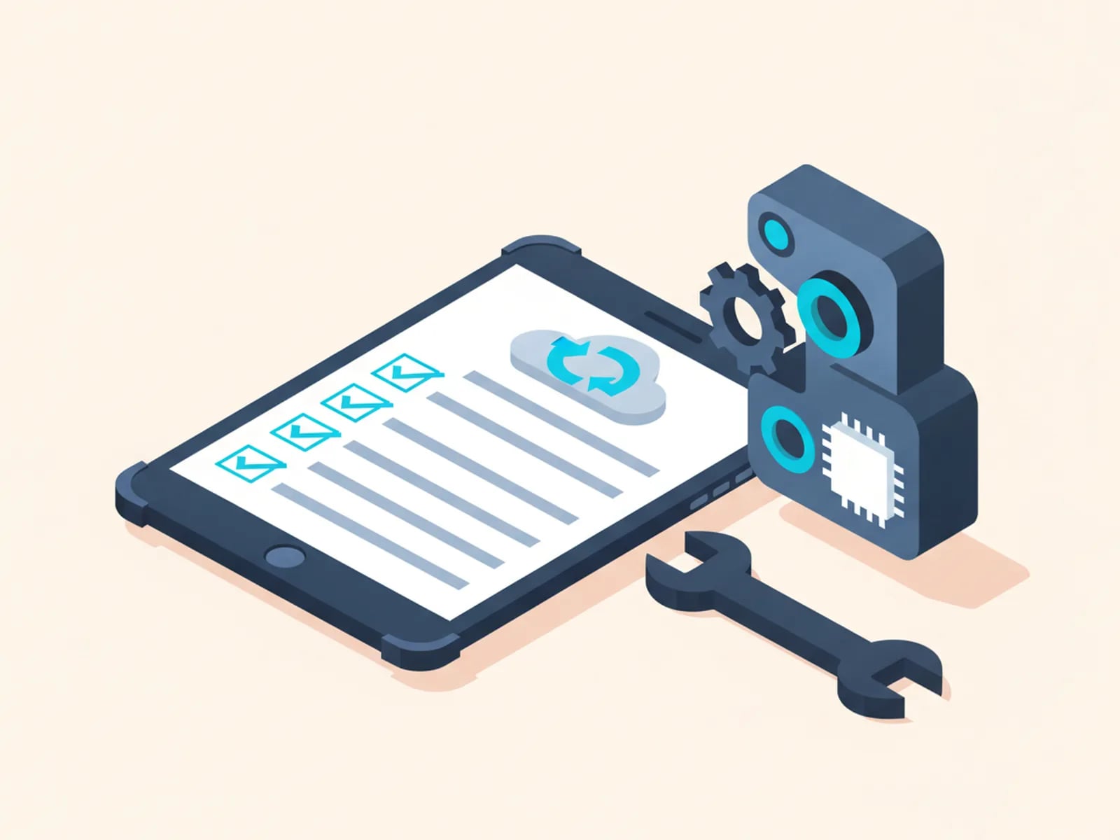 Isometric illustration of a rugged tablet with a checklist beside a cloud with a sync arrow, a wrench and a machine.