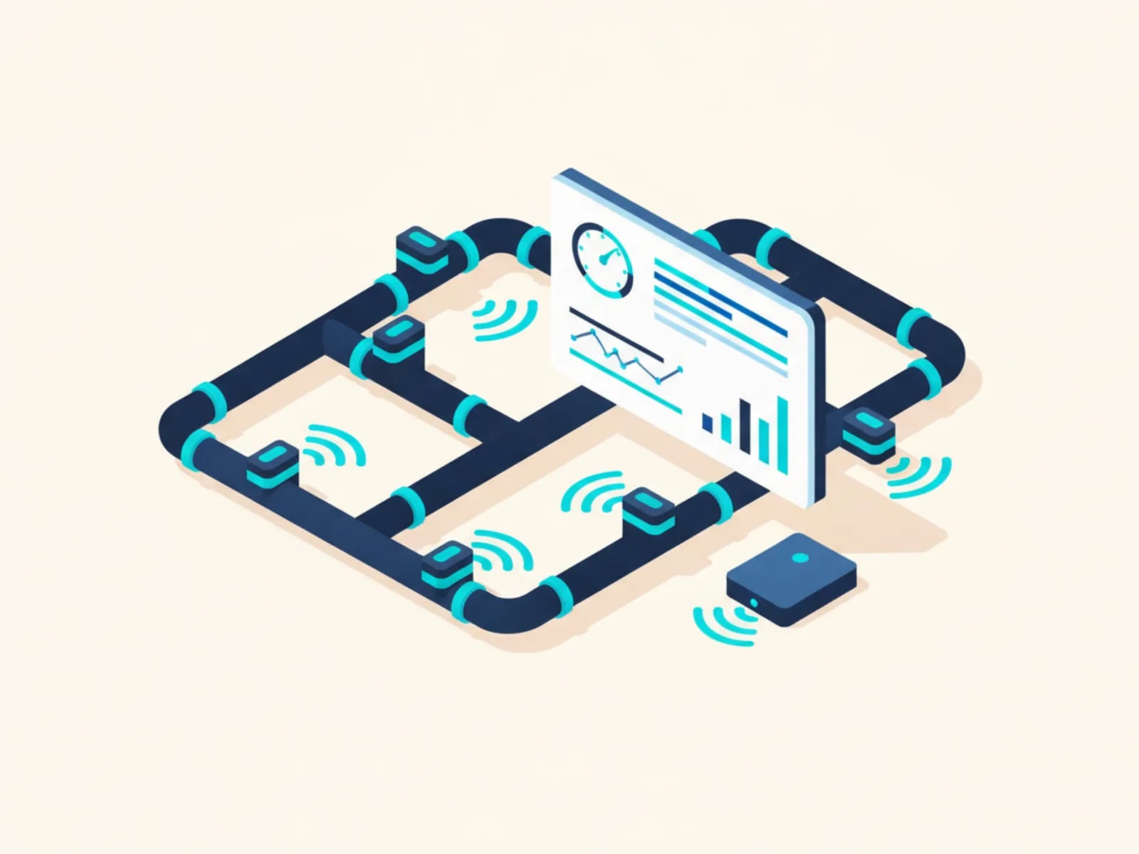 Isometric illustration of sensors on pipes sending signals to a dashboard with gauges and charts through a small gateway.