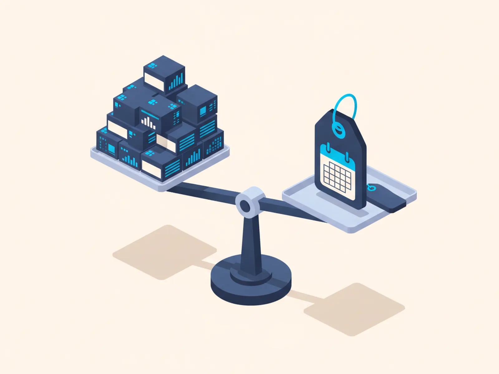 Isometric illustration of a balance scale weighing heavy industrial software boxes against one price tag and a short calendar.