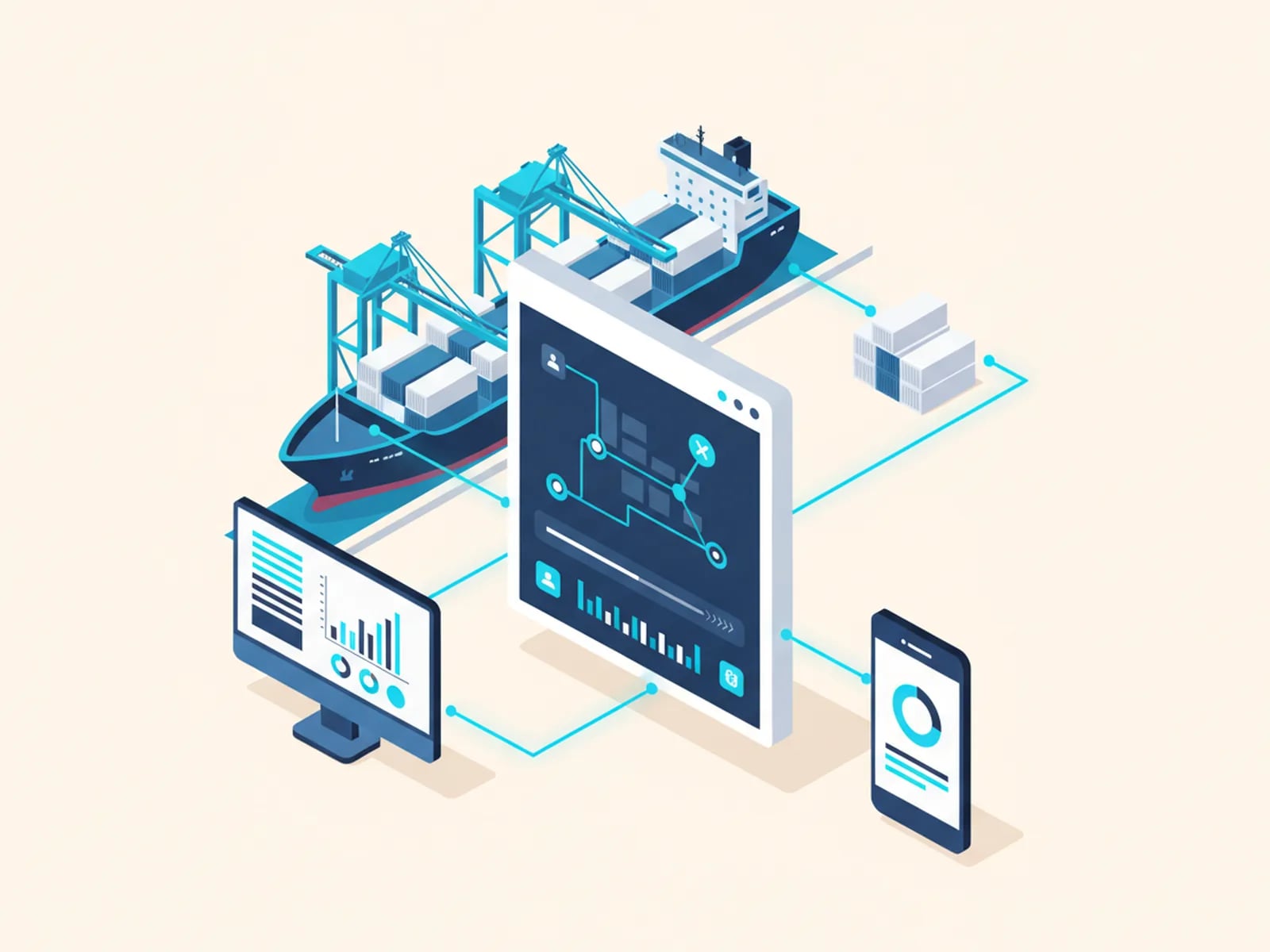 Isometric illustration of one shared portal screen with a route map and status timeline, linked to a desk monitor, a phone and a container ship in port.