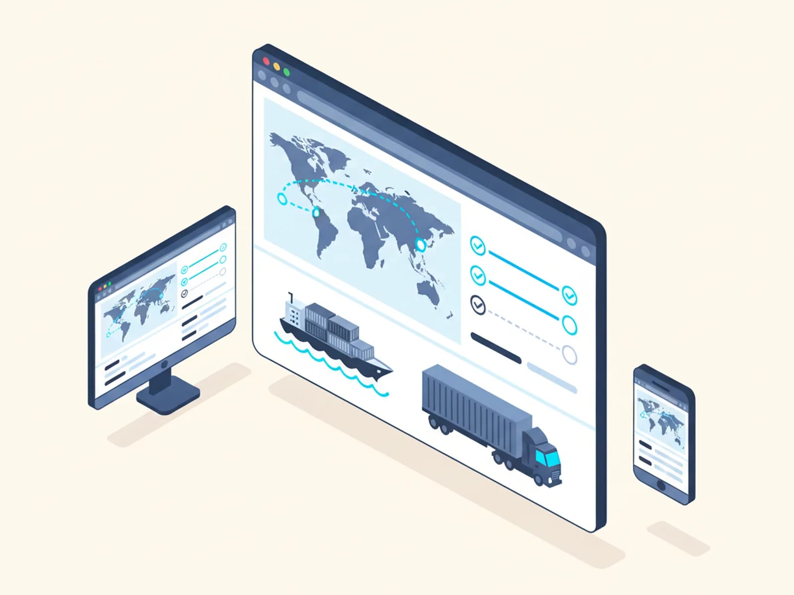 Isometric illustration of a freight tracking portal with a route map and status timeline, shared by a desk monitor and a phone.