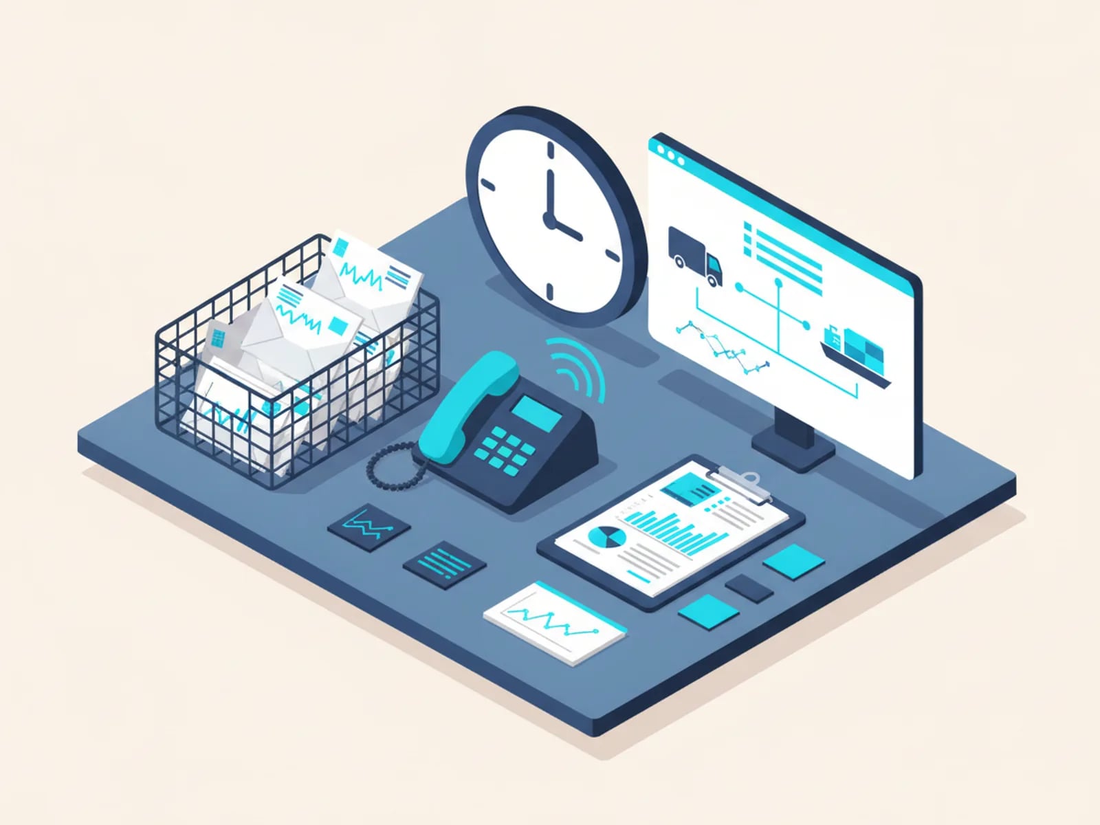 Isometric illustration of an overflowing inbox tray, a ringing phone, sticky notes and a dispatch clipboard on a desk, with a clock.
