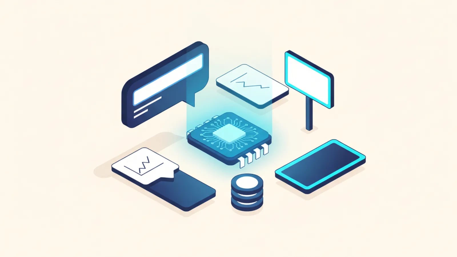 Isometric illustration of a speech bubble with a prompt bar pointing to a glowing microchip.