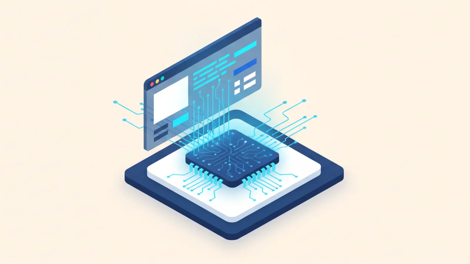 Isometric illustration of a glowing microchip emitting streams of code lines into a code window.