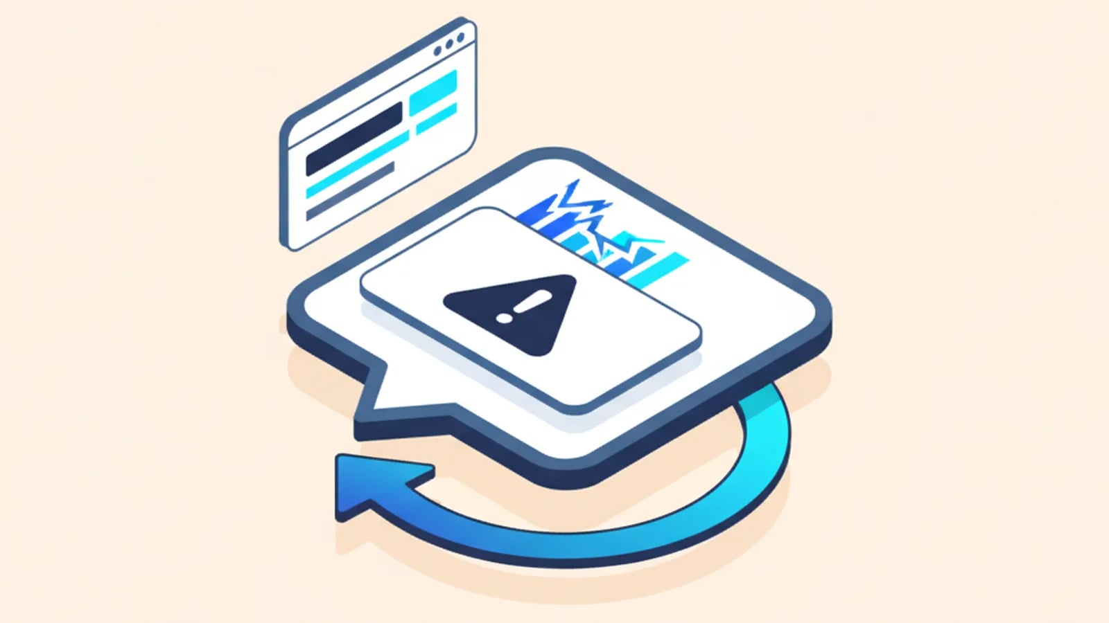 Isometric illustration of a warning-triangle error panel pasted into a chat bubble with an arrow looping back.