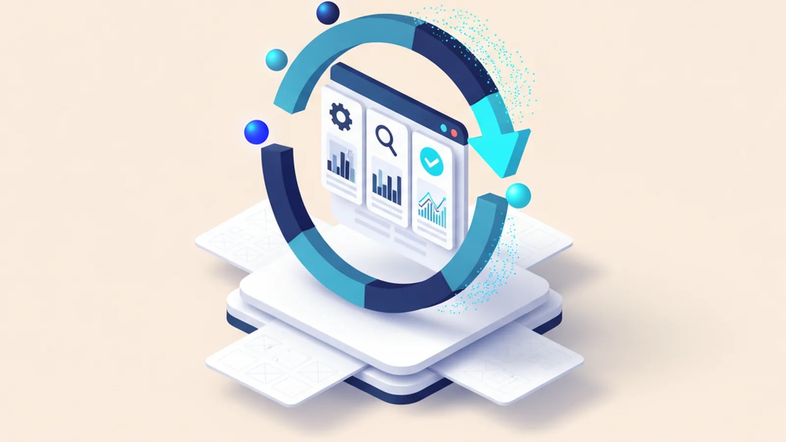 Isometric illustration of a circular arrow looping around a small app window that is refined step by step.