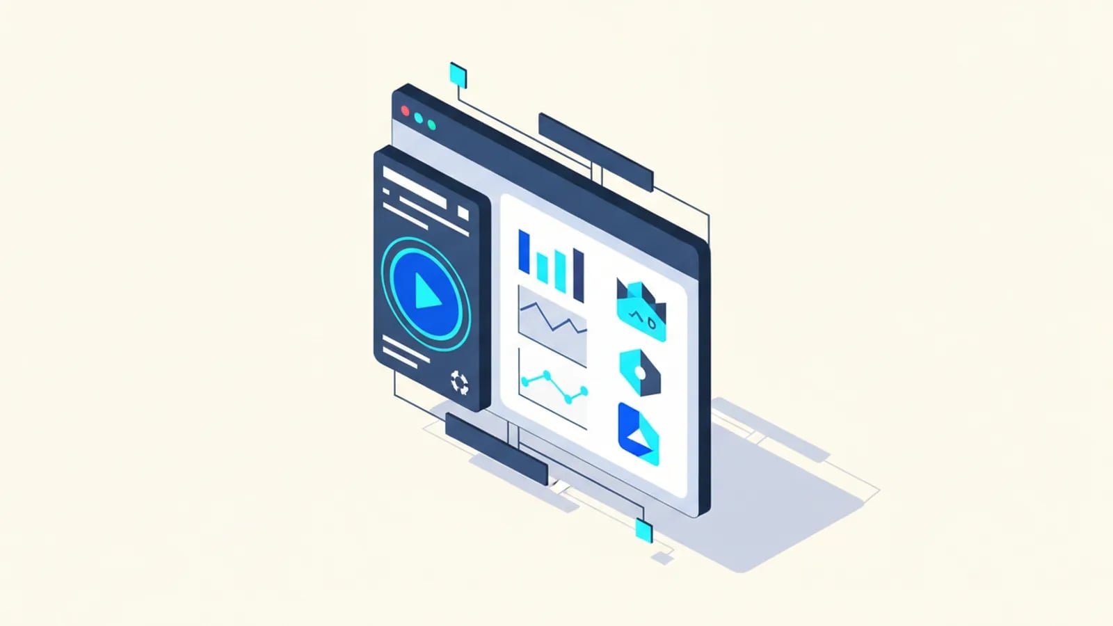 Isometric illustration of an app window running, with a play button and an output panel of charts.