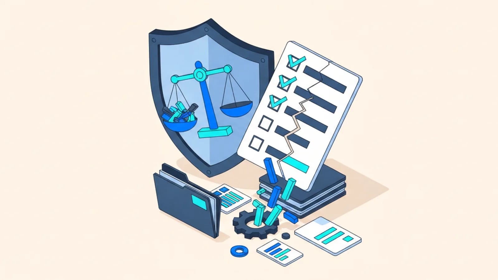 Isometric illustration of a shield with the scales of justice beside a document checklist, showing compliance obligations.