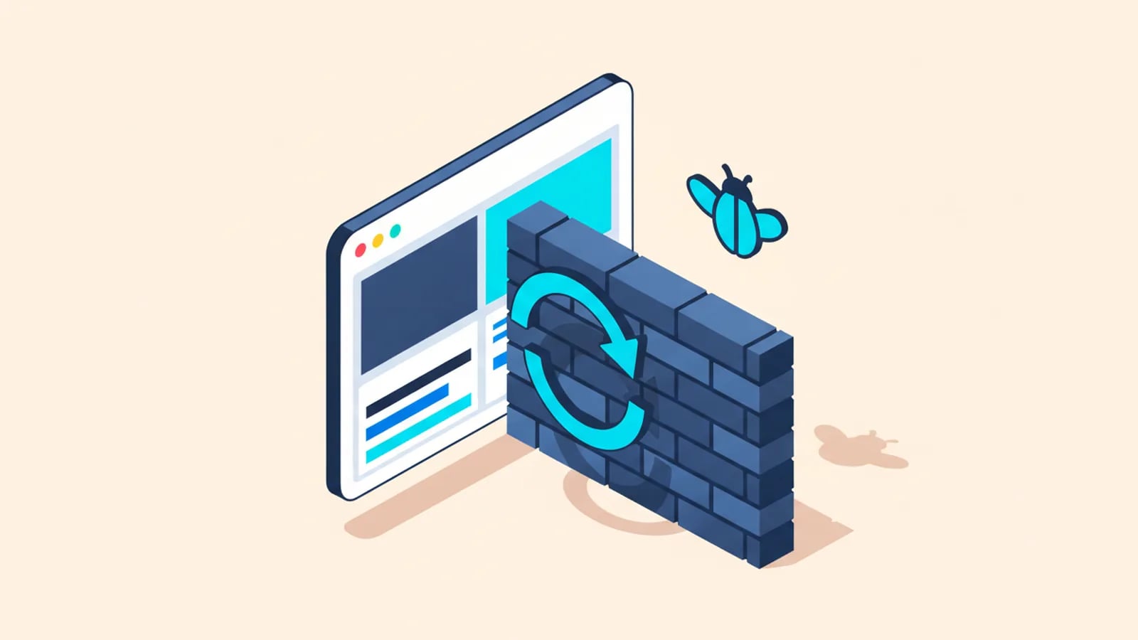 Isometric illustration of a brick wall in front of an app window, with a looping arrow bouncing off it and a bug.