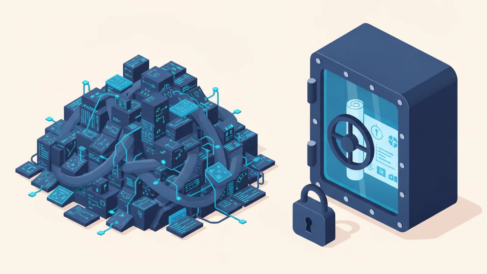 Isometric illustration of a tangled heap of mismatched code blocks beside a locked safe holding the blueprint.