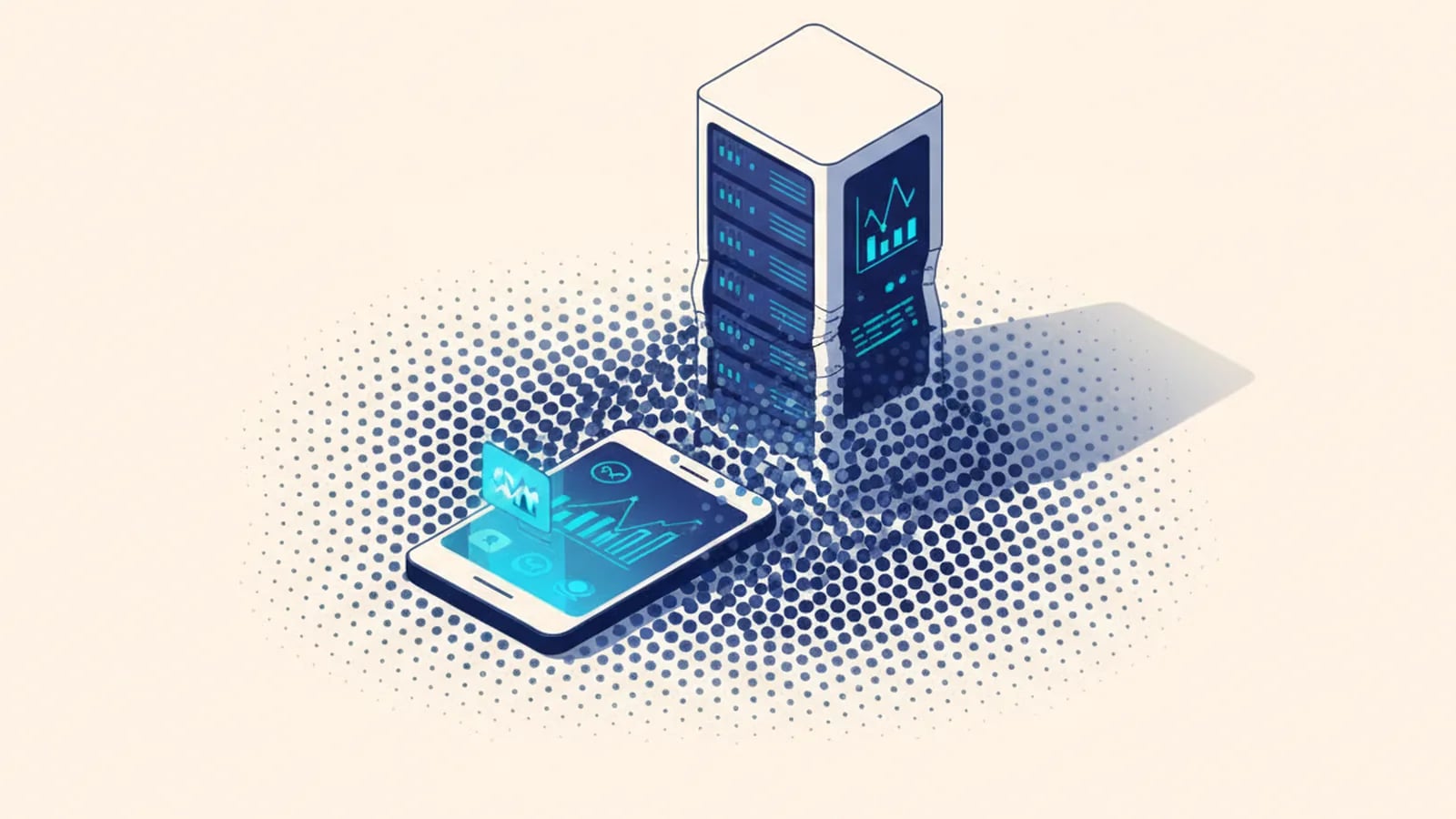 Isometric illustration of a small app facing a huge wave of user dots, with a server rack straining under the load.