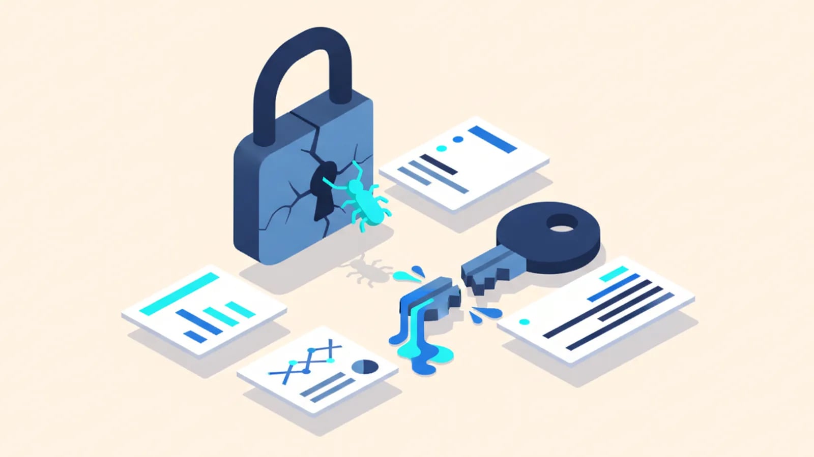 Isometric illustration of a cracked padlock with a bug crawling out and a key leaking from it.