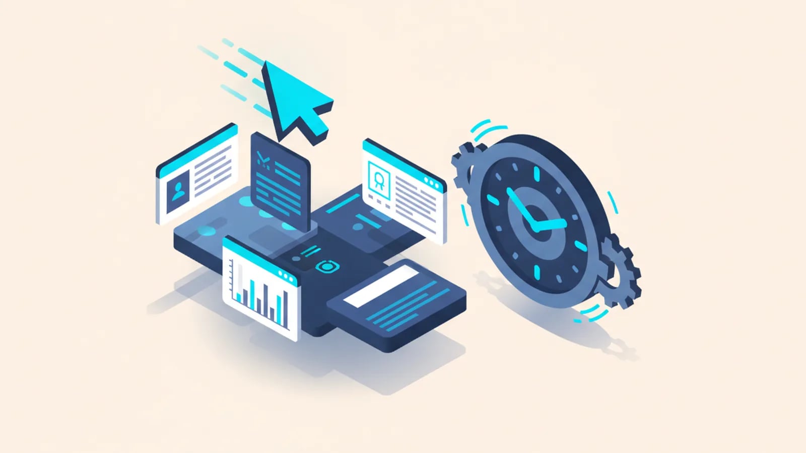 Isometric illustration of a magic-wand cursor quickly assembling app blocks beside a fast-ticking clock.