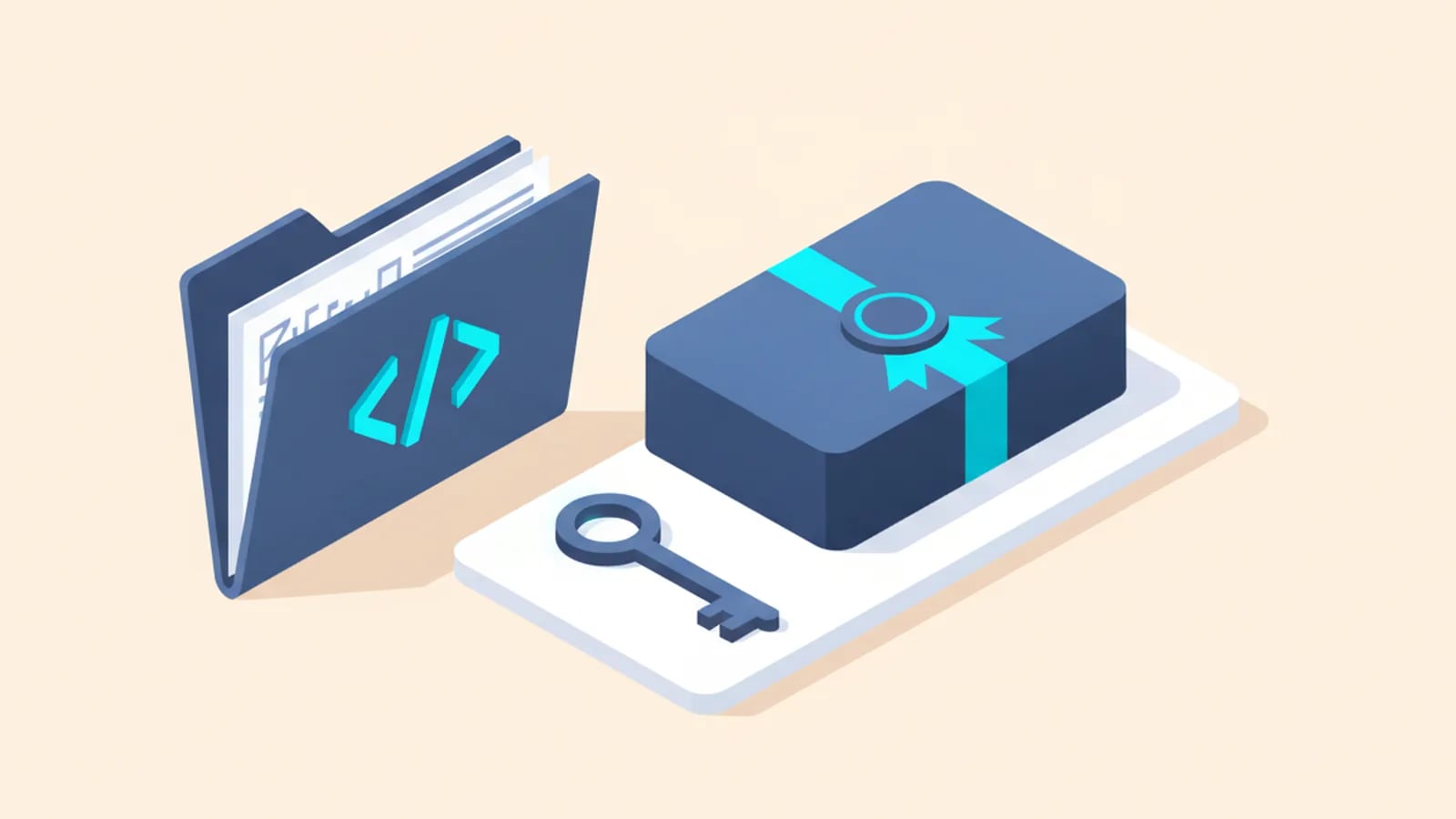 Isometric illustration of a code folder, a sealed package and a key, showing handover with full ownership.