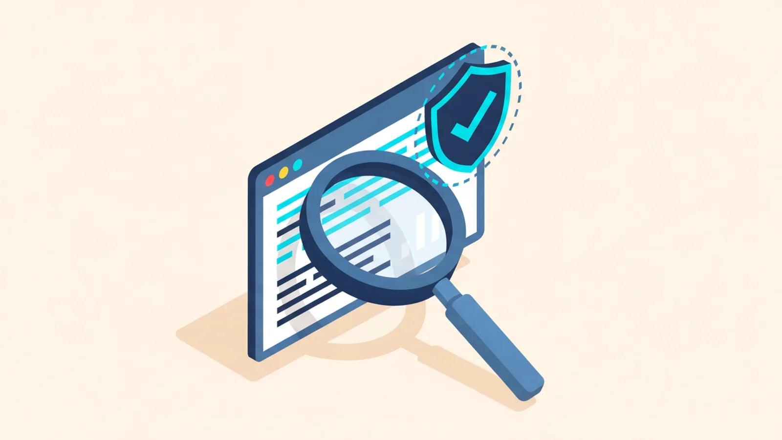 Isometric illustration of a magnifying glass over a code window with a shield check badge, showing senior review.