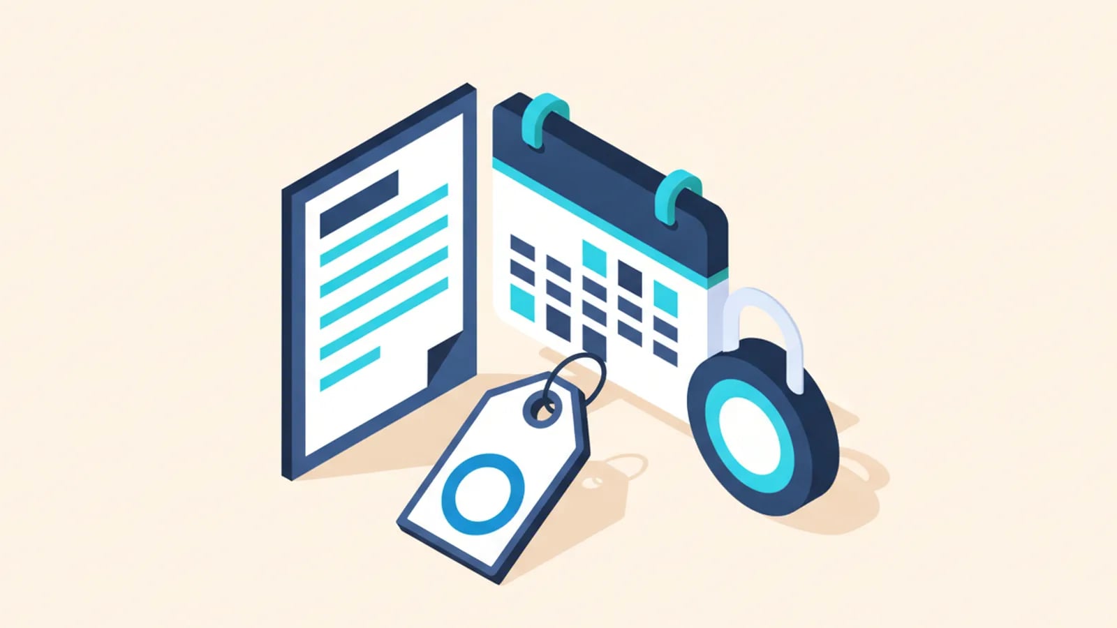 Isometric illustration of a scope document with a price tag, a calendar and a padlock, showing a fixed written scope.