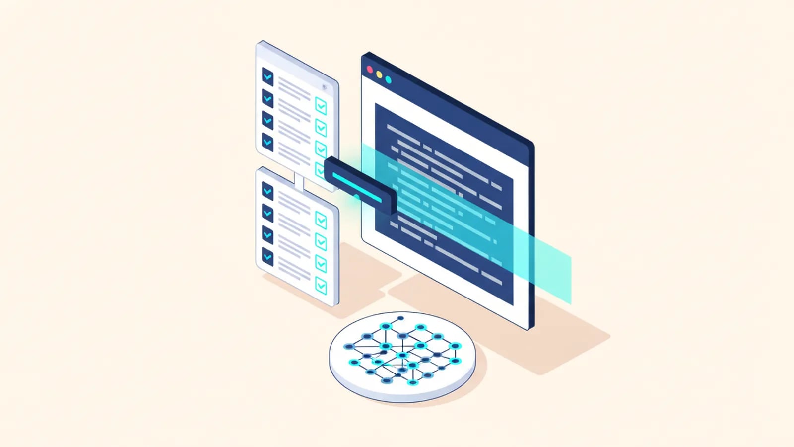 Isometric illustration of test checklists, a security scanner beam sweeping a code window and a small dependency graph.