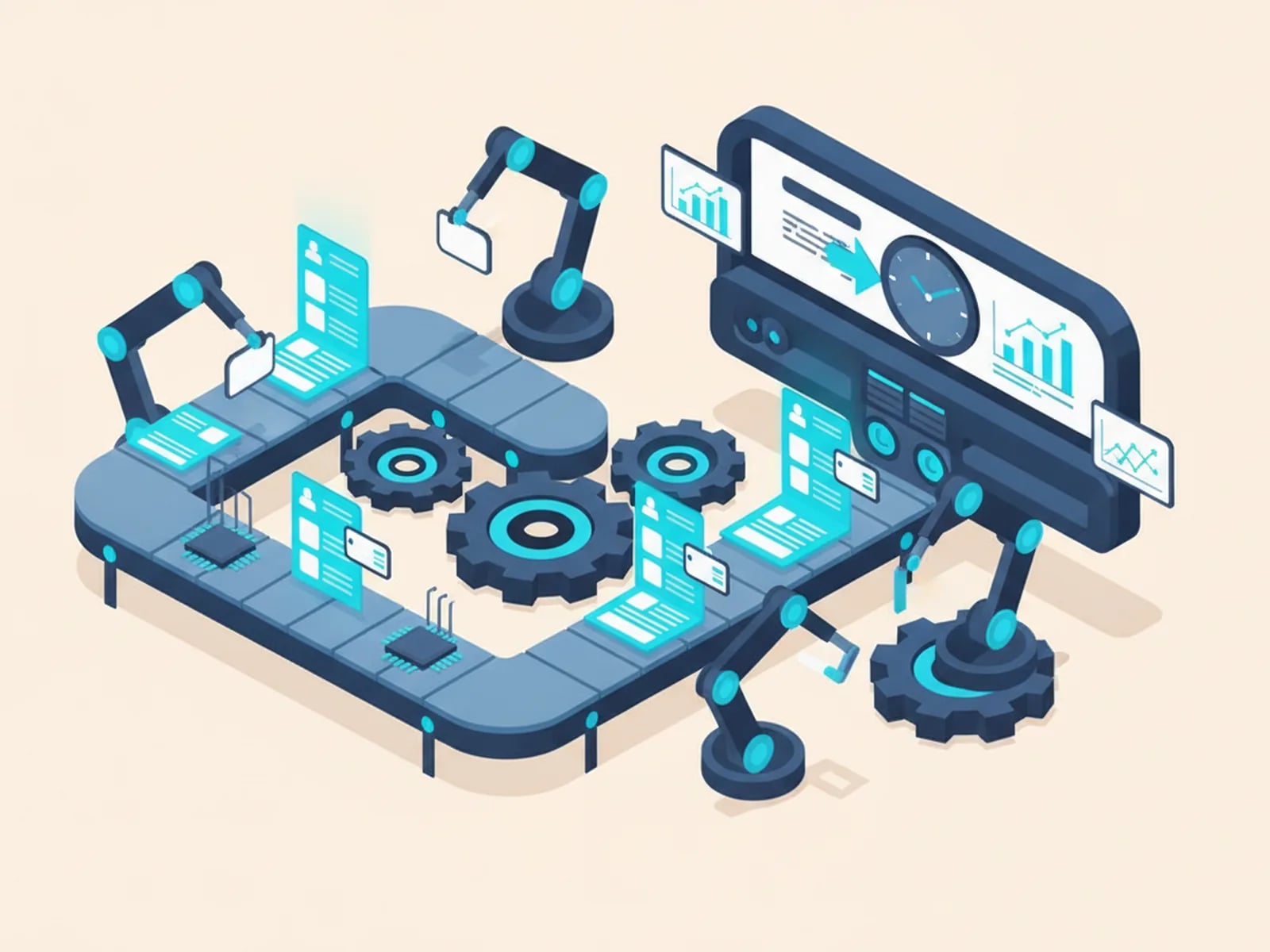 Isometric illustration of documents travelling along a conveyor through gear stations into a dashboard.