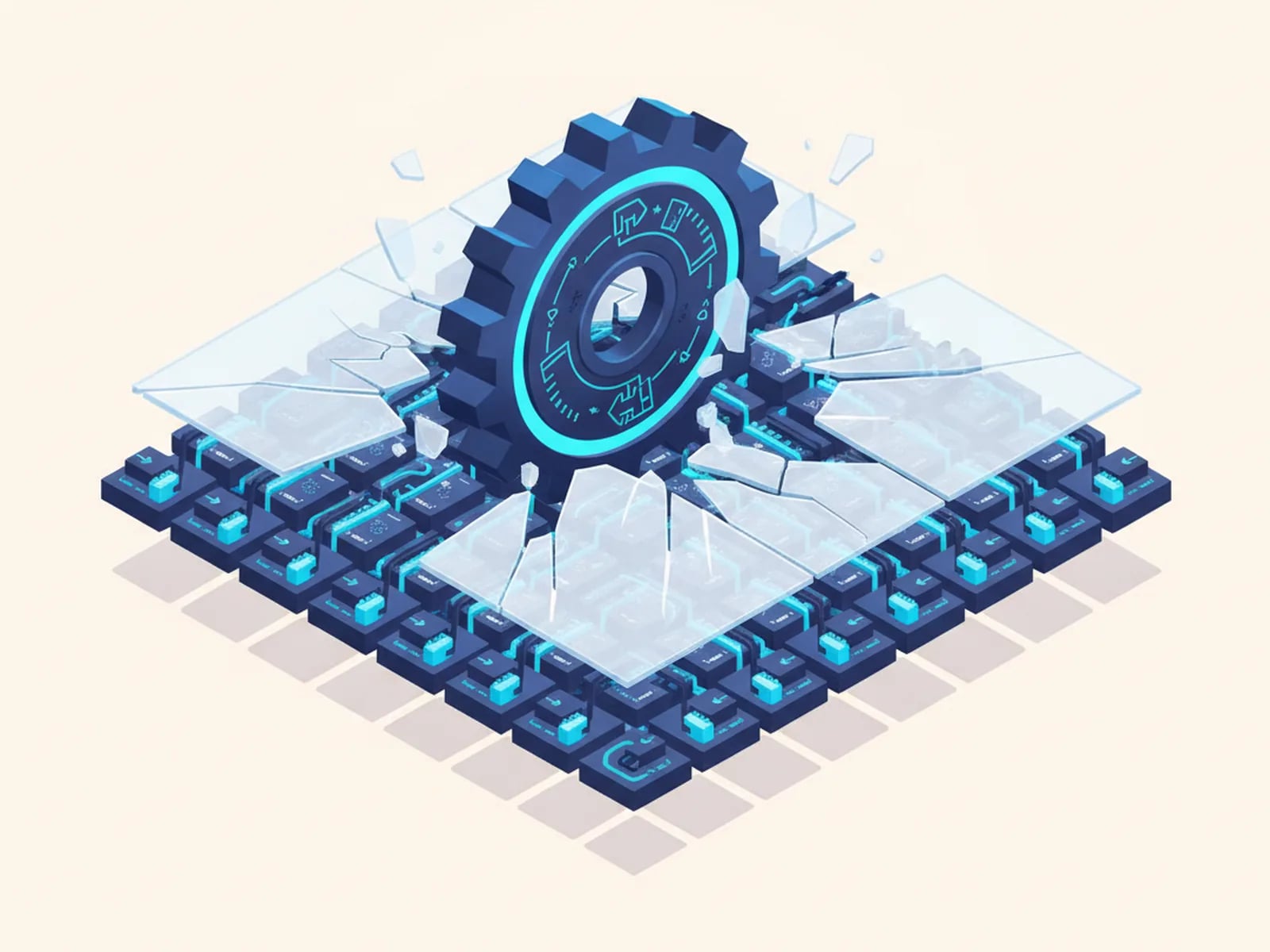 Isometric illustration of chained connector tiles hitting a glass ceiling while a custom automation gear breaks through.