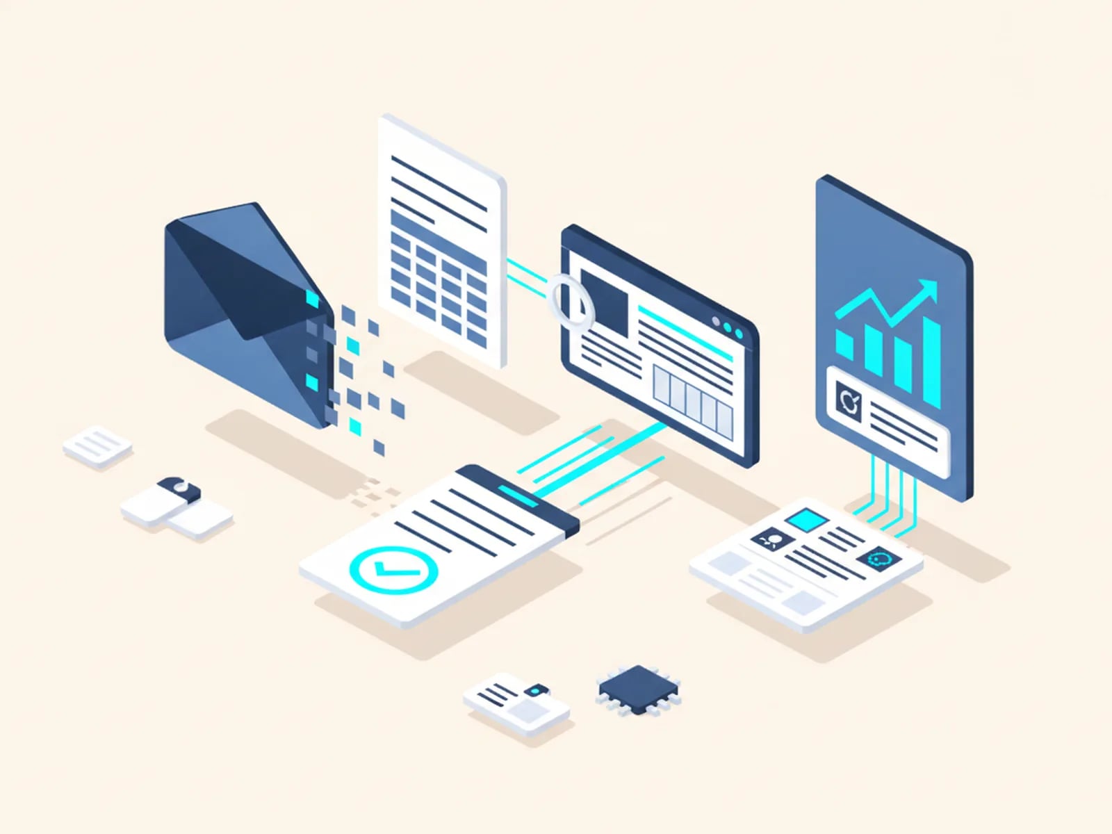 Isometric illustration of an envelope becoming a data table, an invoice matched to a ledger, an approved form and a generated report.