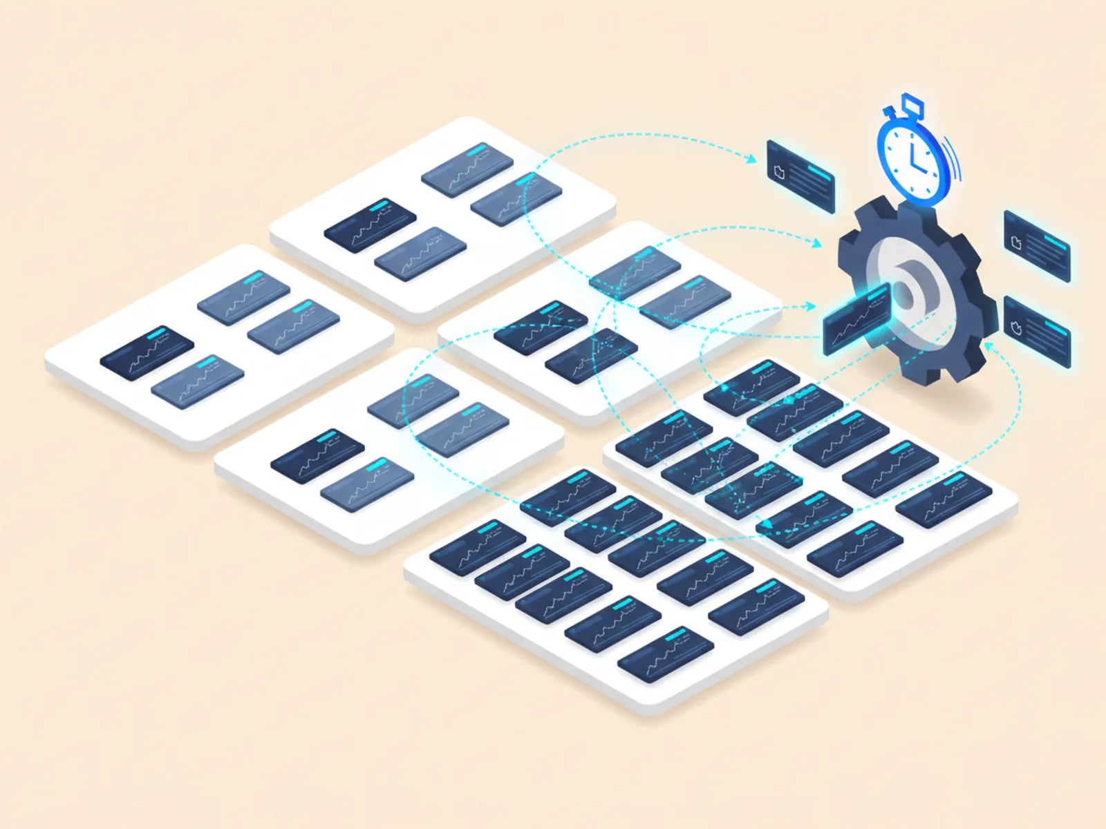 Isometric illustration of a priority grid of task cards with the repetitive ones moving to an automation gear.