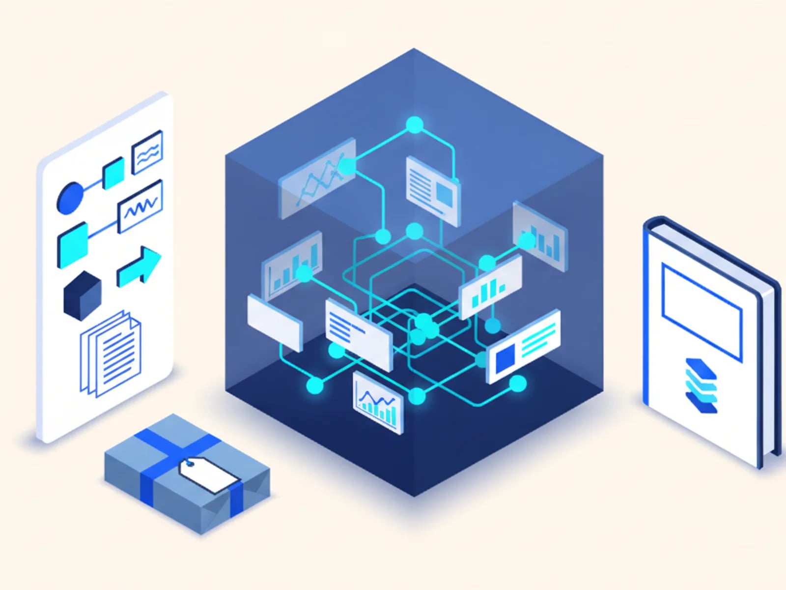 Isometric illustration of a workflow diagram inside a repository cube with a key, a handover package and a documentation book.