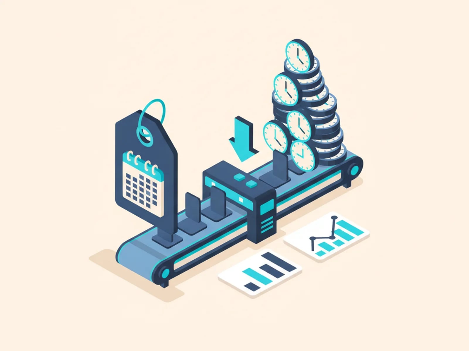 Isometric illustration of a price tag and a short calendar beside an automation conveyor and a shrinking pile of clocks.