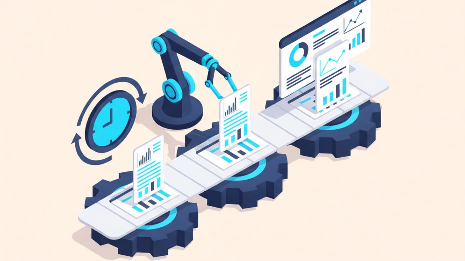 Isometric illustration of documents riding a conveyor through gear stations into a dashboard, with a robotic arm and a clock, showing workflow automation.