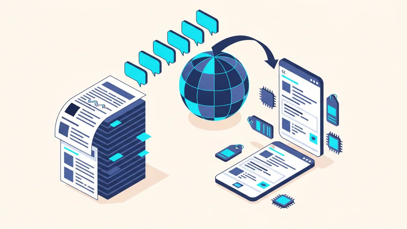 Isometric illustration of translated documents with speech bubbles flowing into a globe and an app shown in several language layouts.