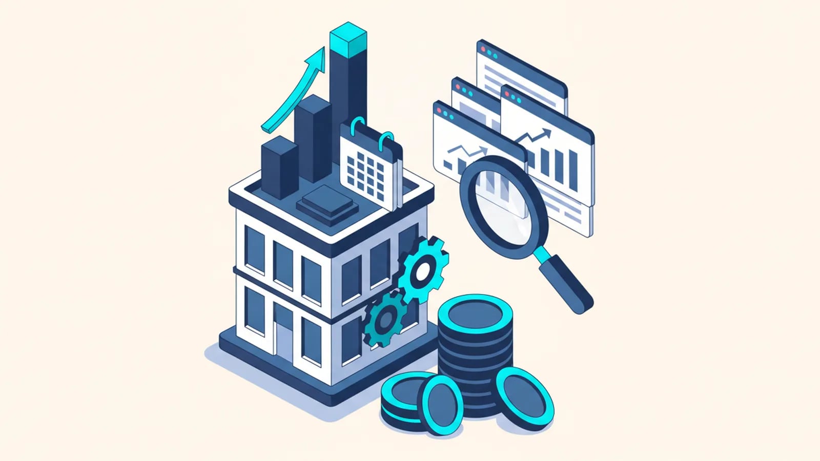 Isometric illustration of an office building with gears, a rising bar chart, coins and a magnifier over several web pages climbing in search ranking.