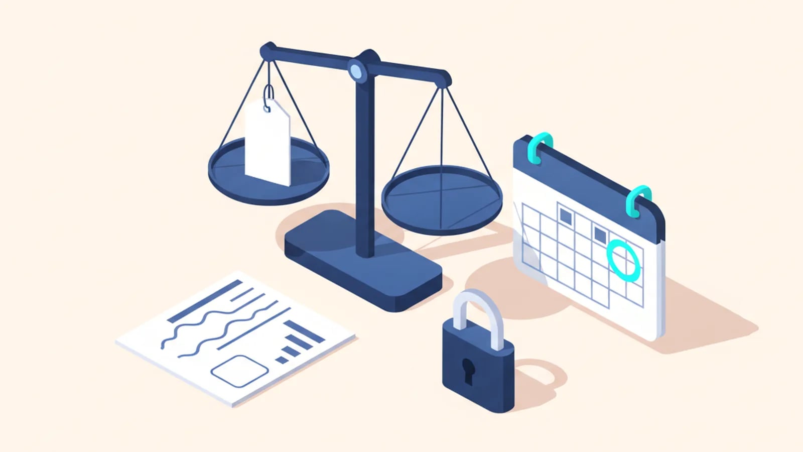 Isometric illustration of a balance scale holding one price tag steady, beside a delivery calendar, a document and a closed padlock.