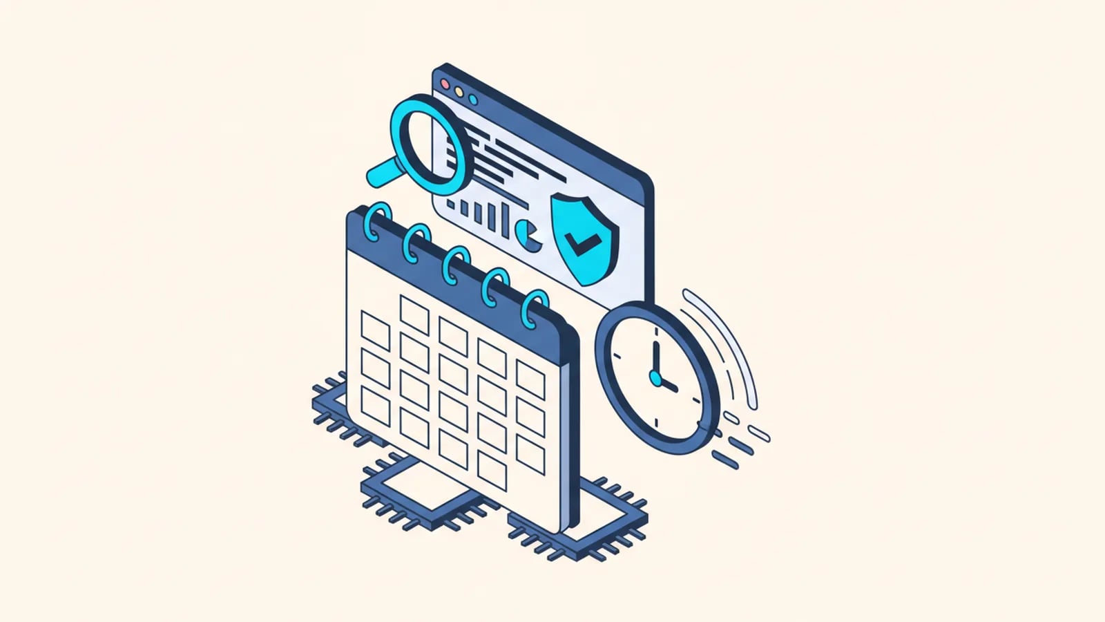 Isometric illustration of a calendar spanning a few weeks, a clock, and a magnifying glass over a code window with a shield check badge.