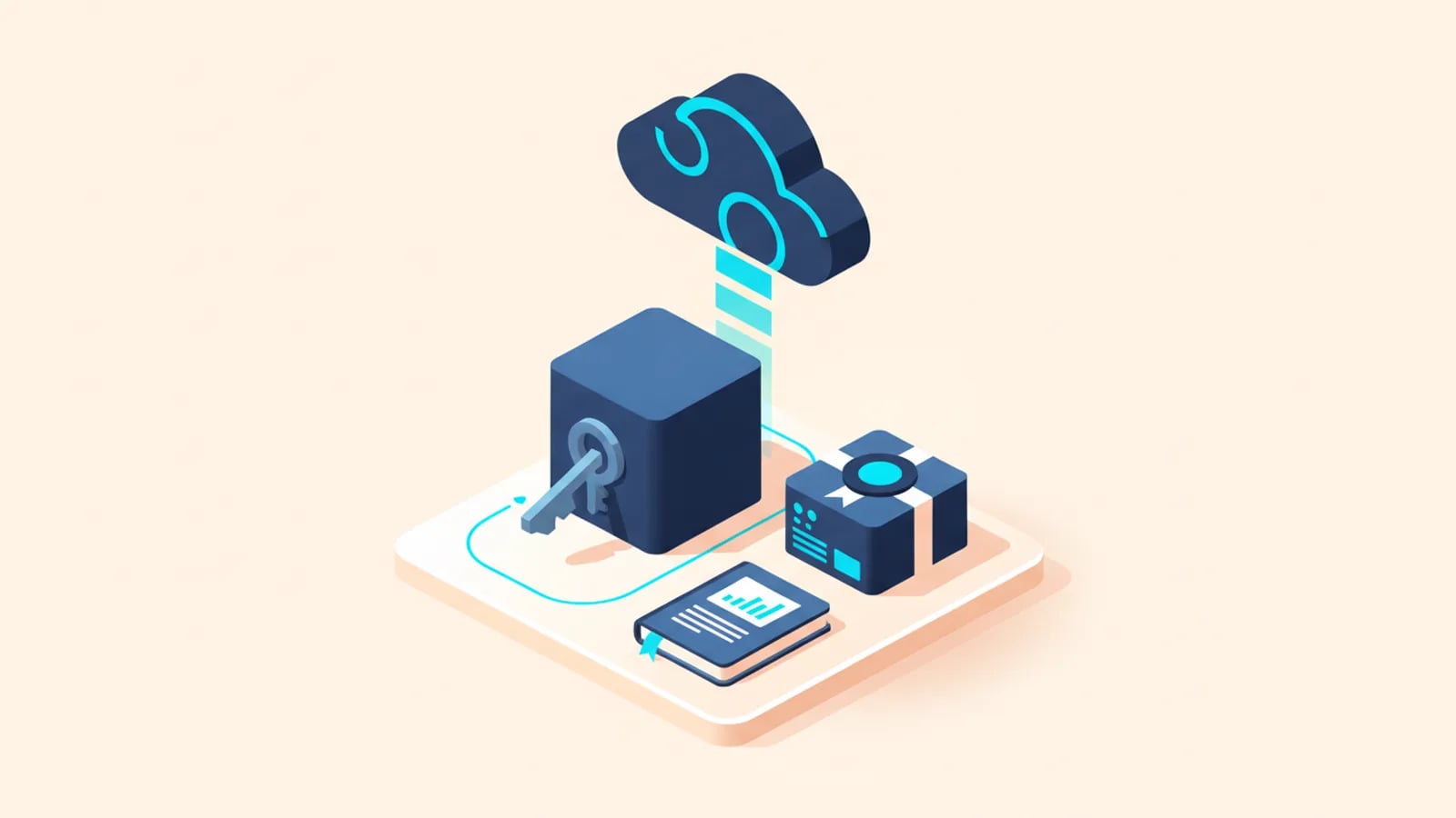 Isometric illustration of a repository cube with a key, a sealed package, a documentation book and a cloud deployment on one platform.