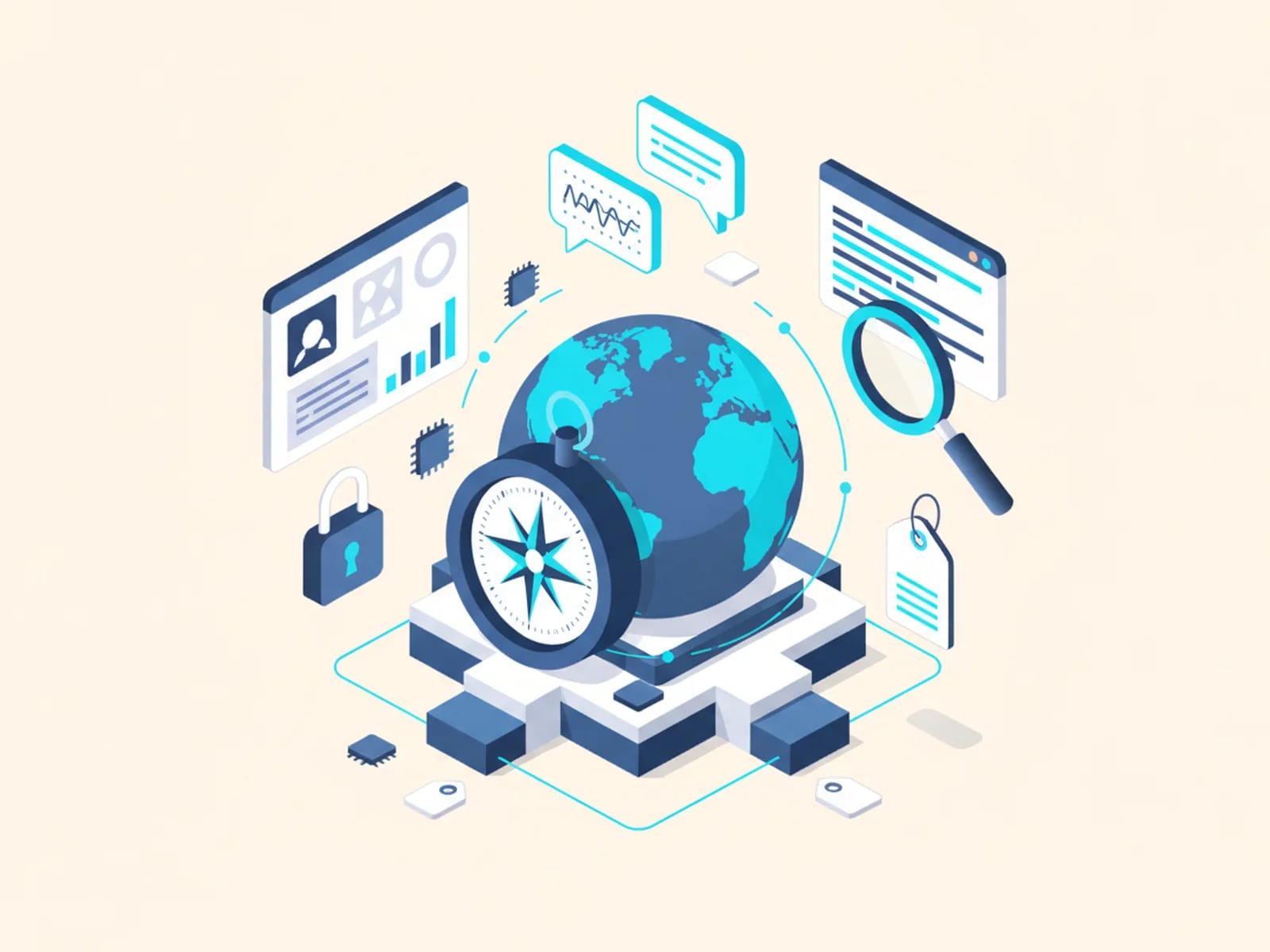 Isometric illustration of a compass on a globe, surrounded by an app dashboard, a padlock with a key, a price tag, a magnifying glass over code and speech bubbles.