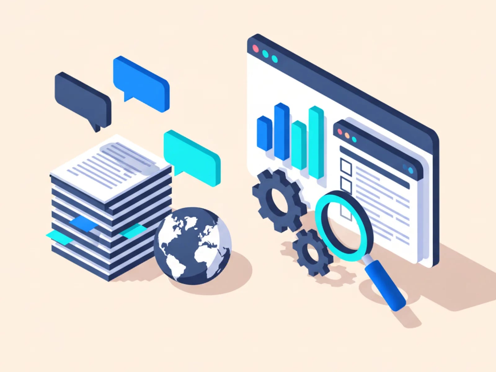 Isometric illustration of translation documents and speech bubbles on the left, growing into a software dashboard with gears and a magnifier on the right.