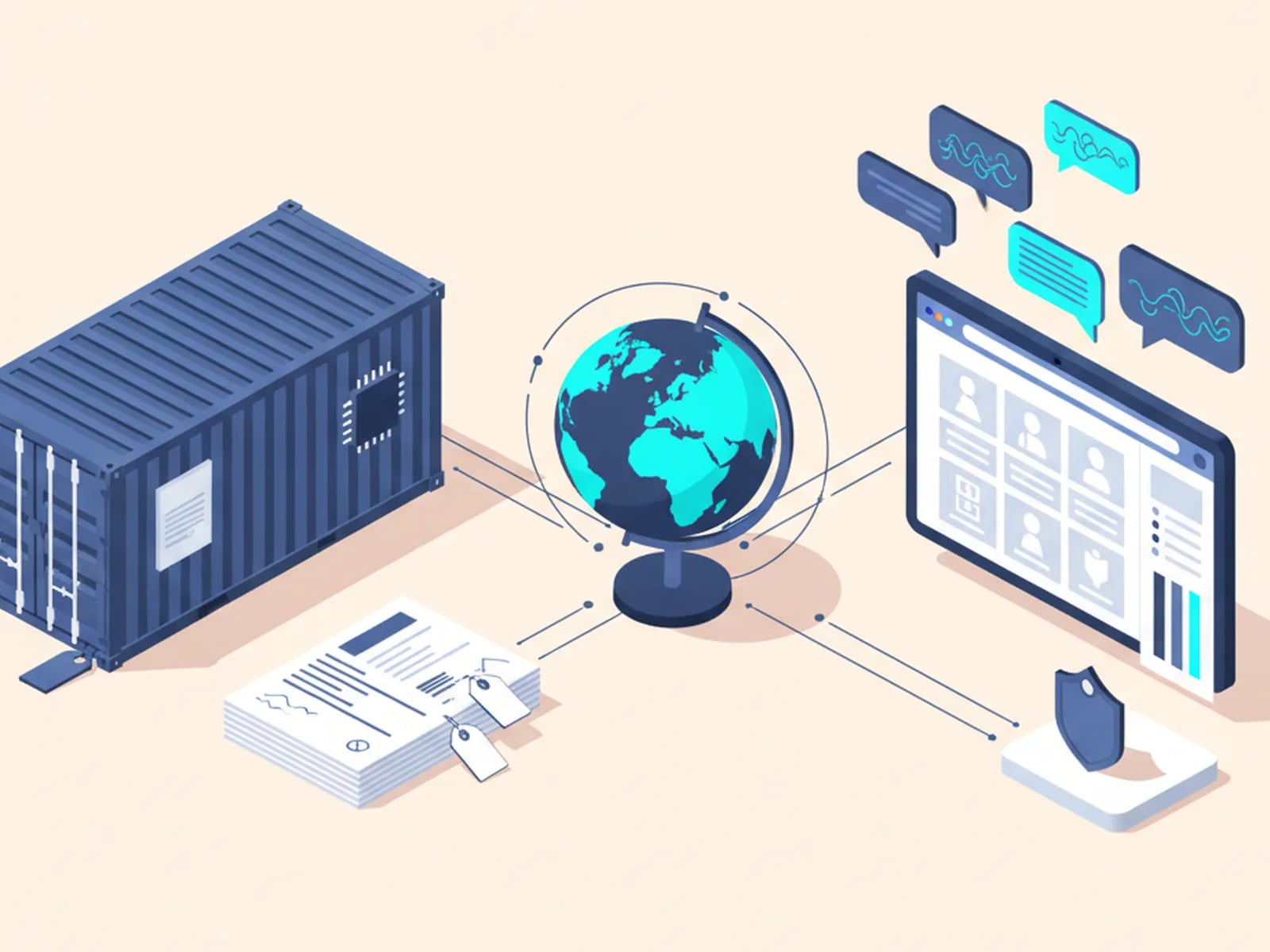 Isometric illustration of a shipping container and customs documents, a globe, and a multilingual catalog window with speech bubbles in different languages.