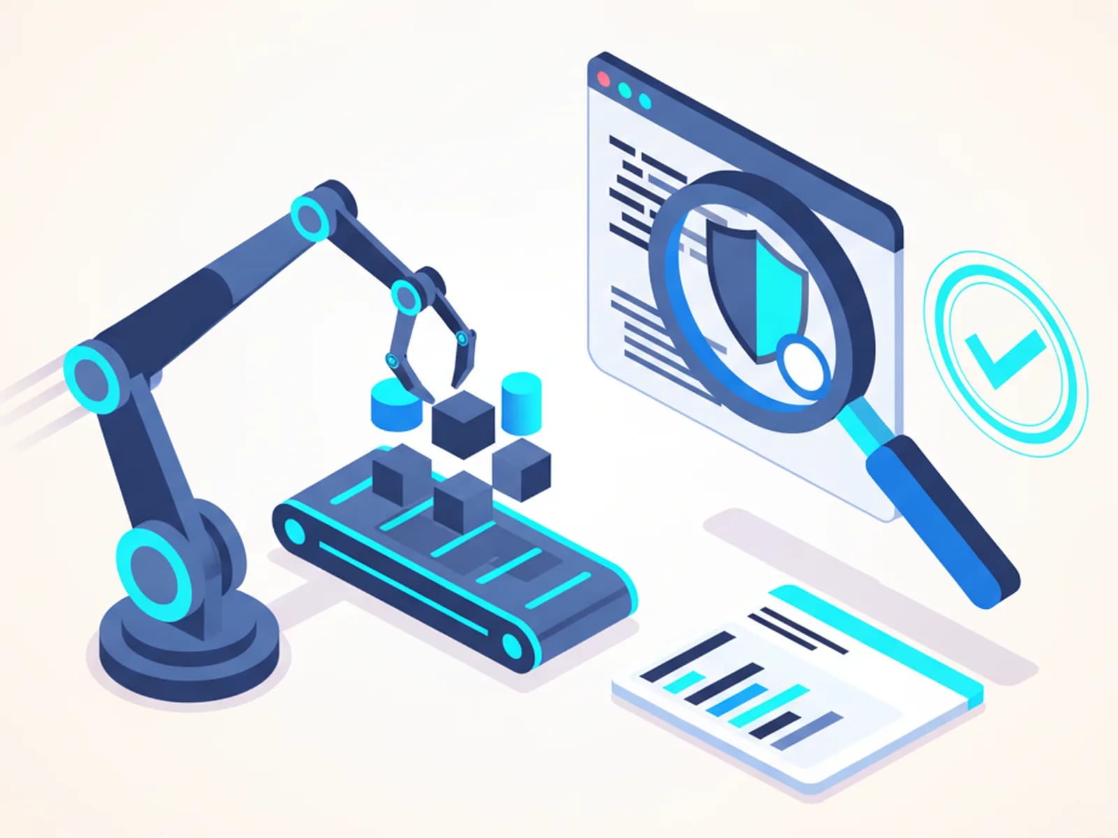 Isometric illustration of a robotic arm assembling app blocks on a conveyor that leads to a magnifying glass over code with a shield check badge.