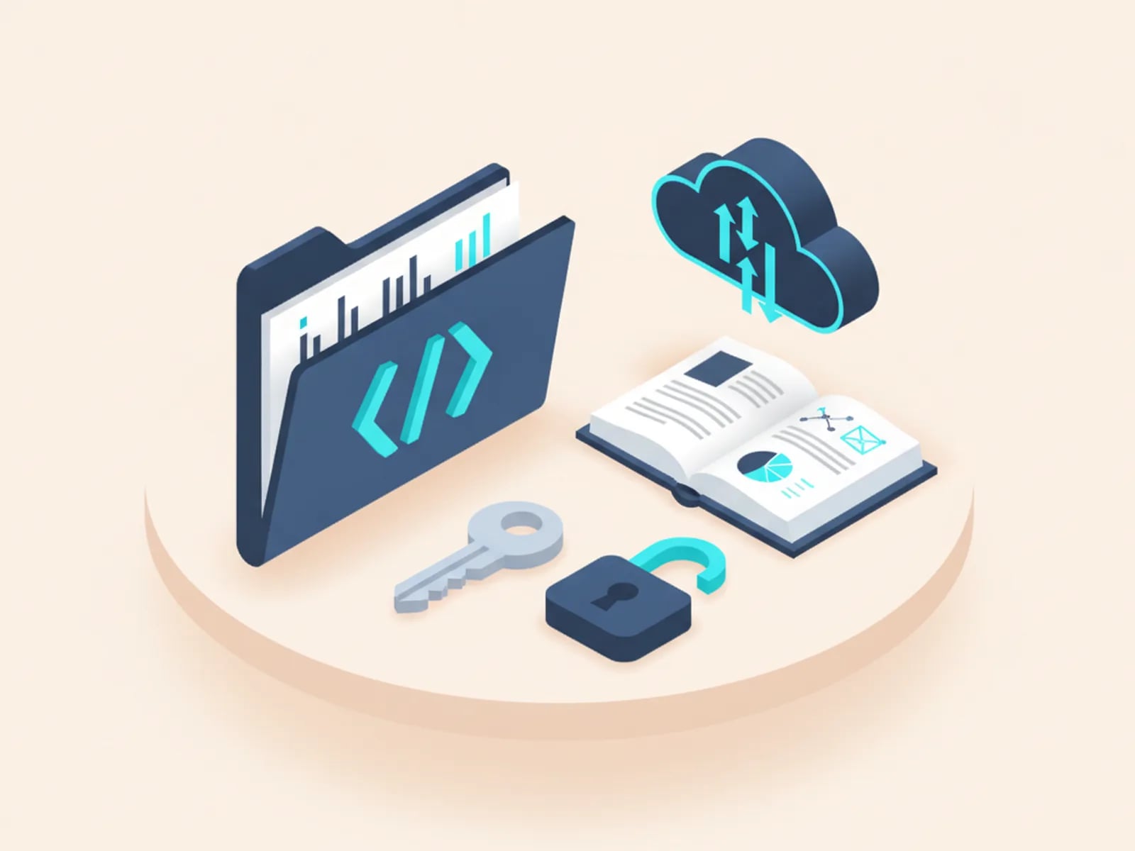 Isometric illustration of a repository folder with code brackets, a documentation book, a cloud, and a key beside an open padlock.