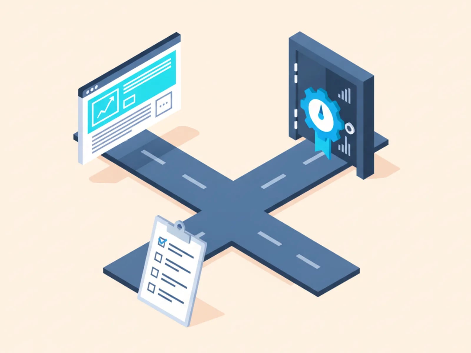 Isometric illustration of a fork in the road: one path to a simple template website, the other to a heavy certified vault, with a checklist in front.