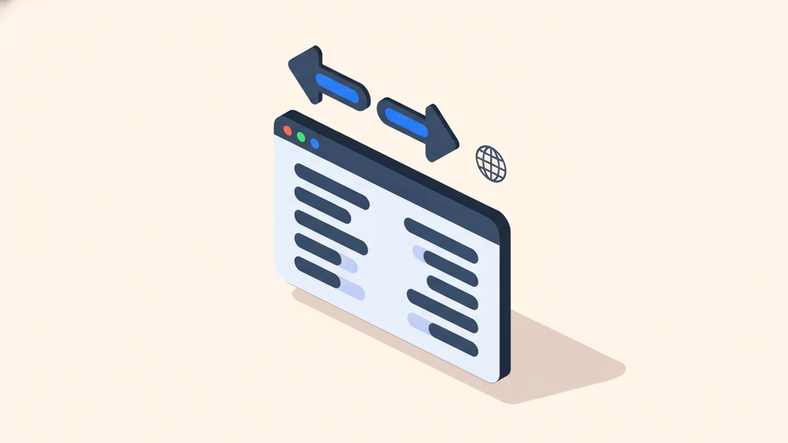 Isometric illustration of an app layout mirrored with bidirectional arrows, illustrating right-to-left (RTL) support software.