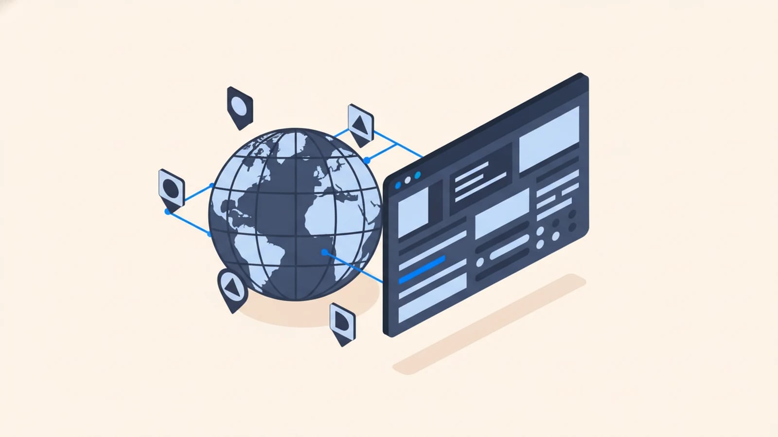 Isometric illustration of distributed team members around a globe sharing one app, illustrating software for global teams.