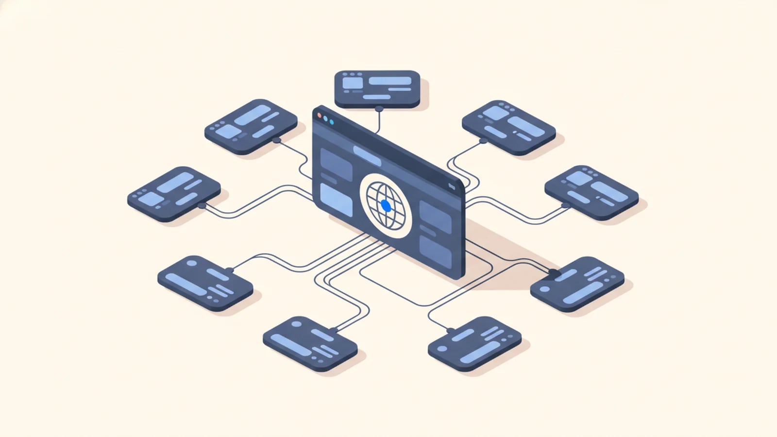 Isometric illustration of one software application branching out into many locale variants, illustrating software internationalization (i18n).