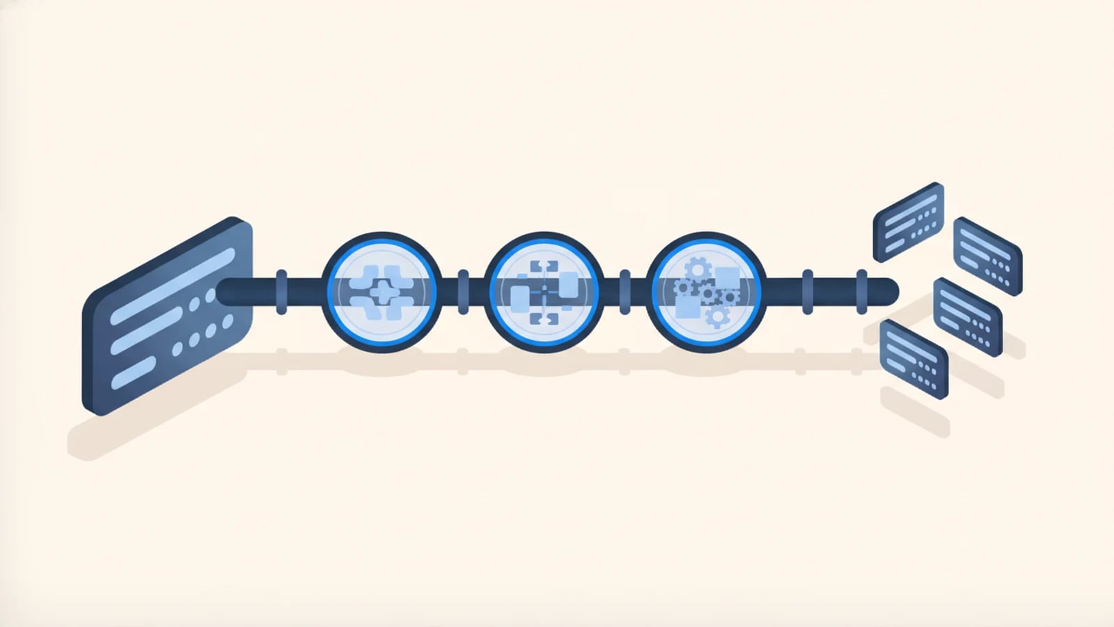 Isometric illustration of a document moving through a pipeline into several localized versions, illustrating translation pipelines.
