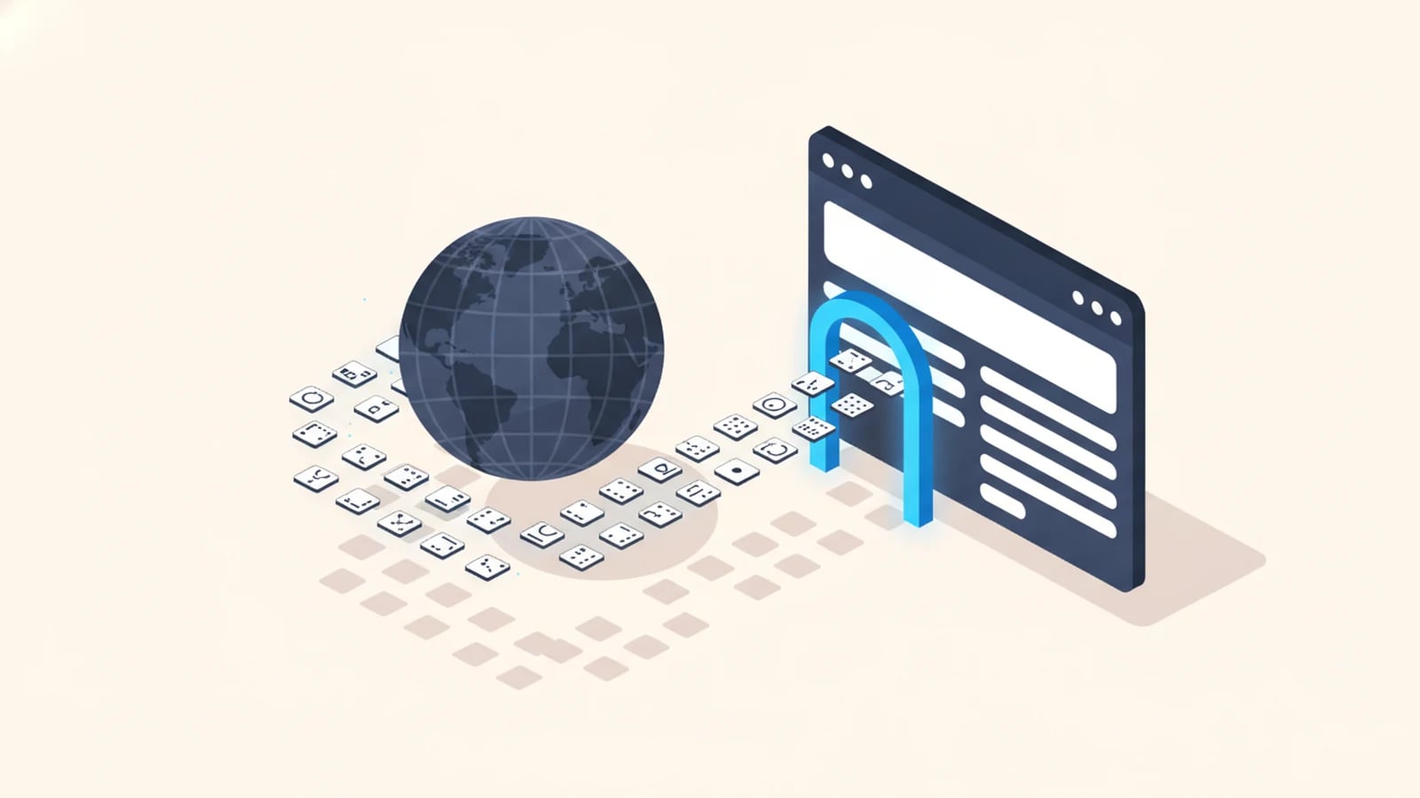 Isometric illustration of many character tiles flowing from a globe into an app, illustrating Unicode for business apps.