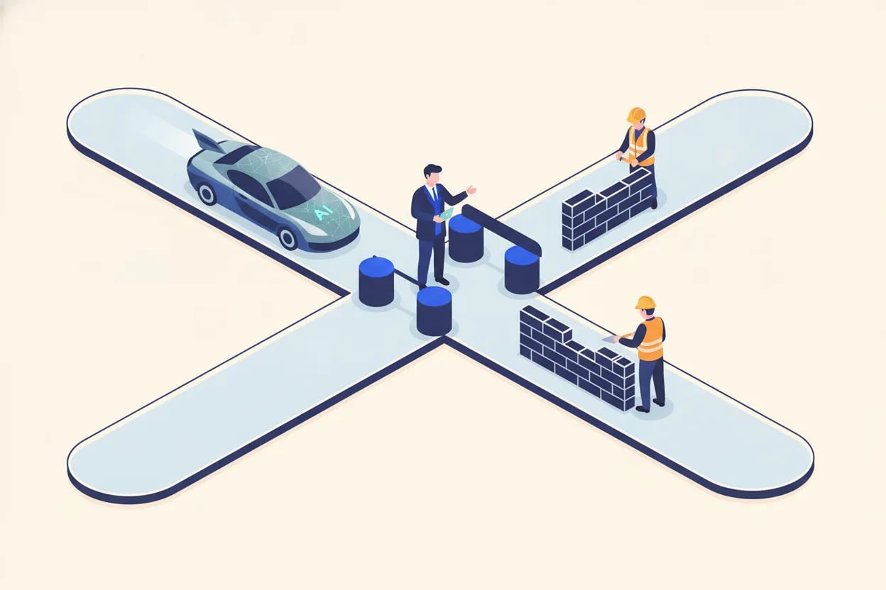 Illustration vectorielle plate d’une voie IA rapide et d’une voie de développement régulière convergeant vers un point de contrôle de relecture