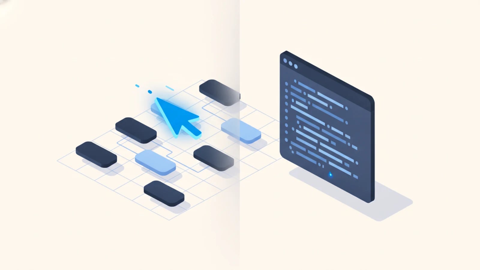 Isometric illustration contrasting AI-assisted assembly with hand-written code, illustrating vibecoding versus traditional development.
