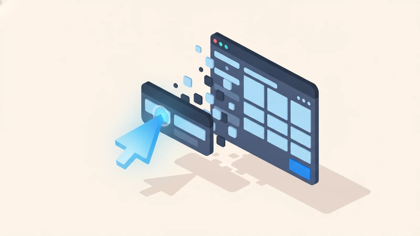 Isometric illustration of a cursor-wand turning a prompt into an app, illustrating what vibecoding is.