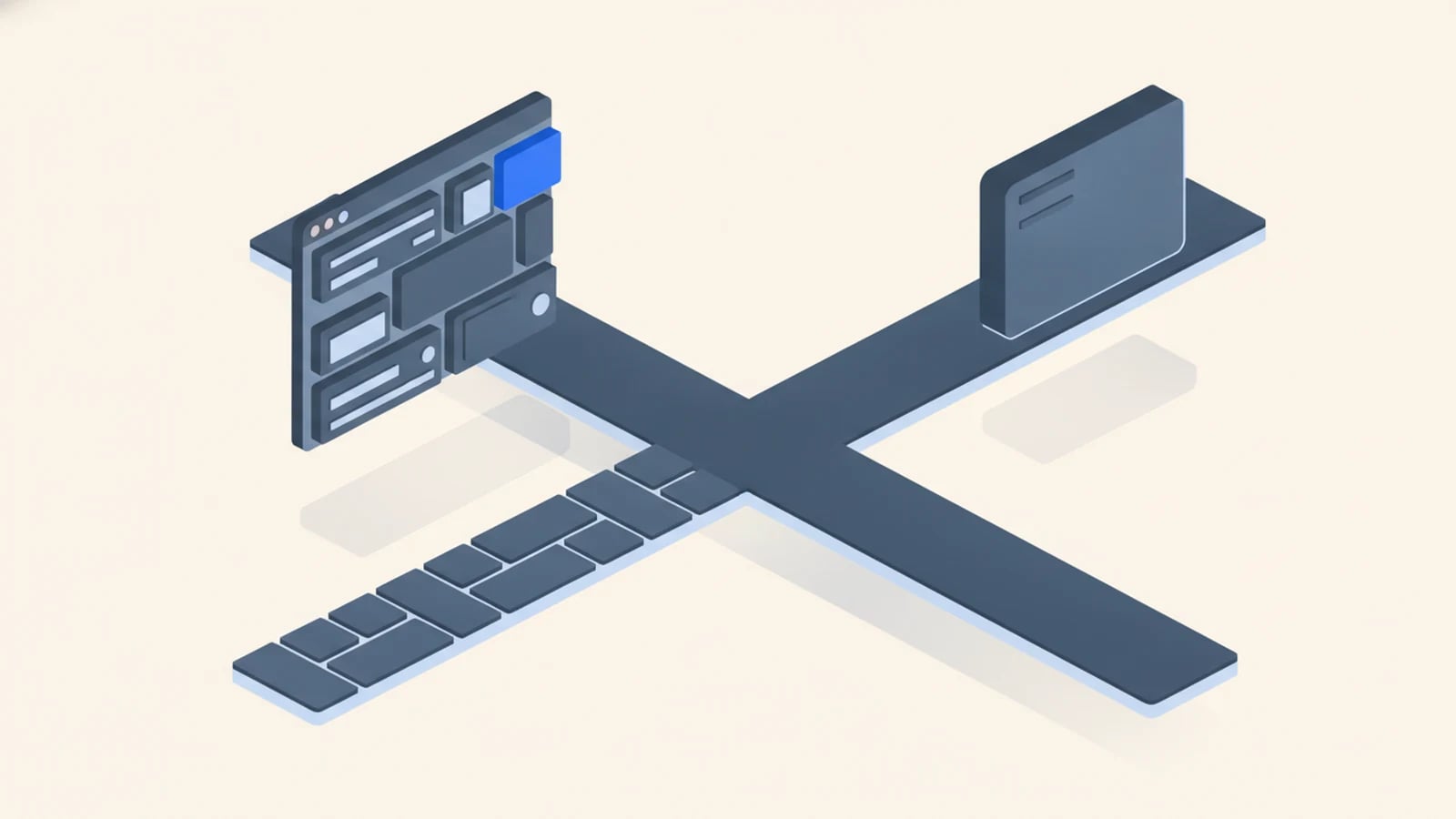 Isometric illustration of a path forking between a custom-built application and an off-the-shelf product, illustrating when to build custom software.