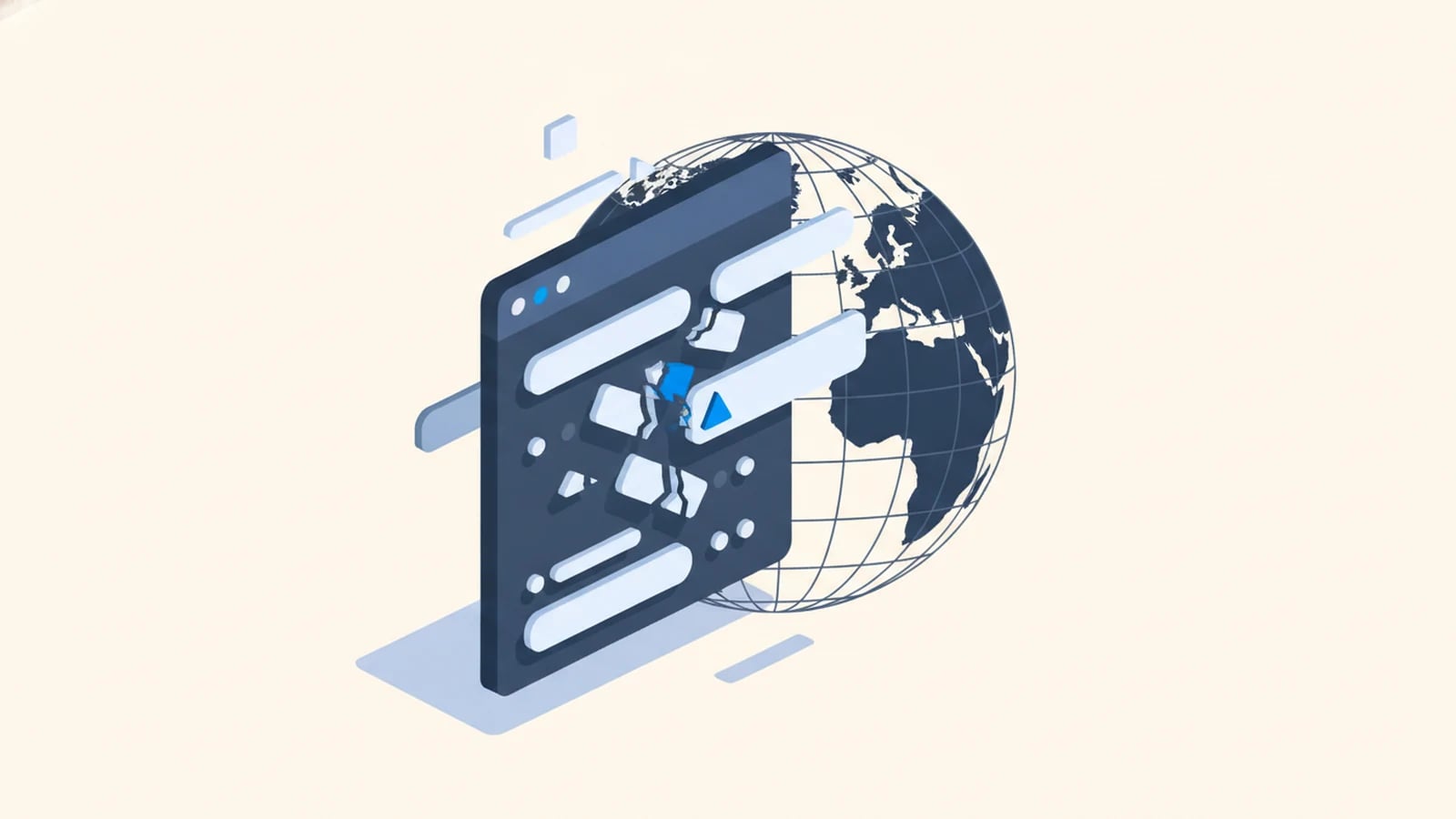 Isometric illustration of a broken, misaligned app against a globe, illustrating why software fails internationally.